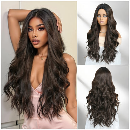 Women's Wig - Long Wavy 22 Inch Glueless Body Wave Synthetic Hair for Men Dark Brown - product detail view 8