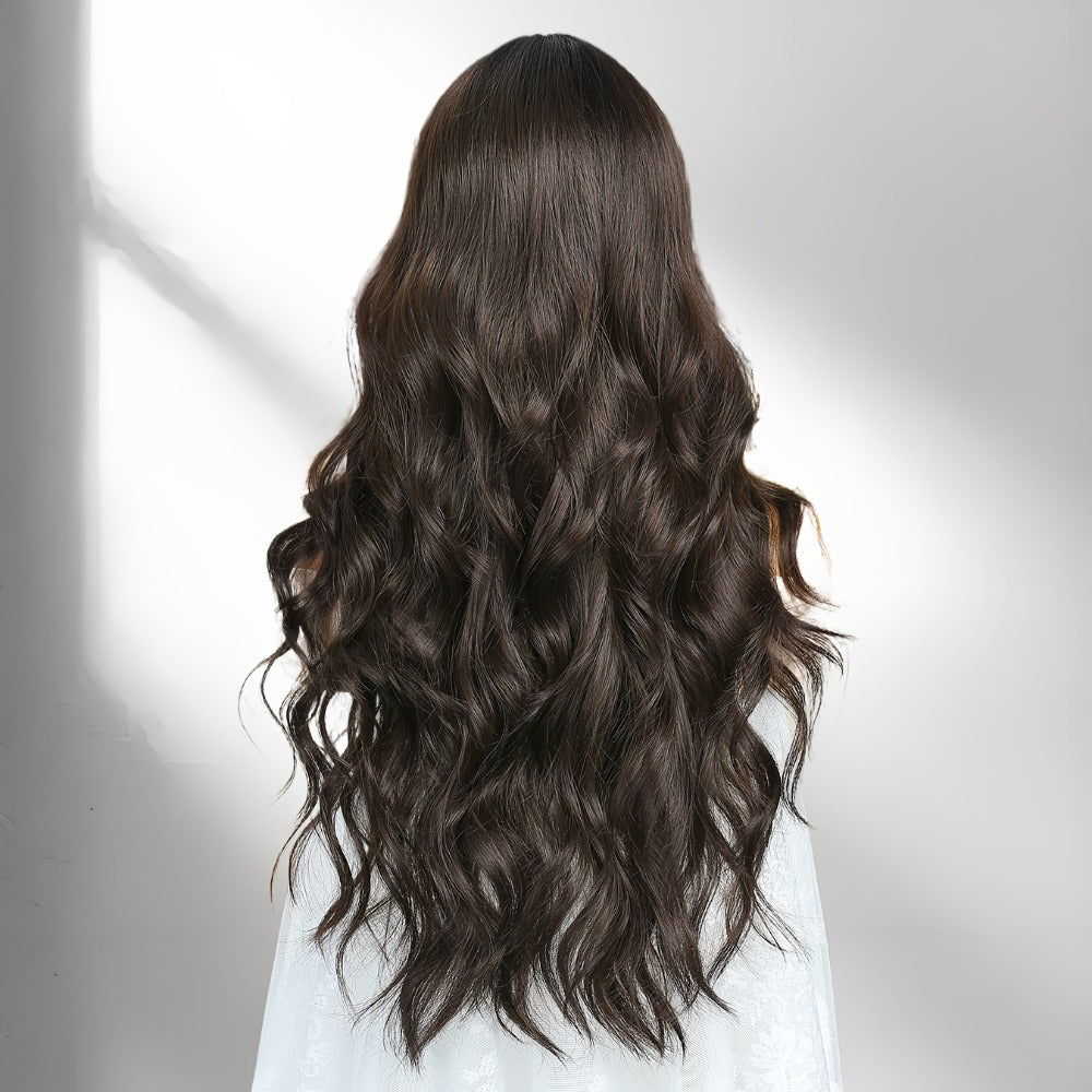 Women's Wig - Long Wavy 22 Inch Glueless Body Wave Synthetic Hair for Men Dark Brown - product detail view 9