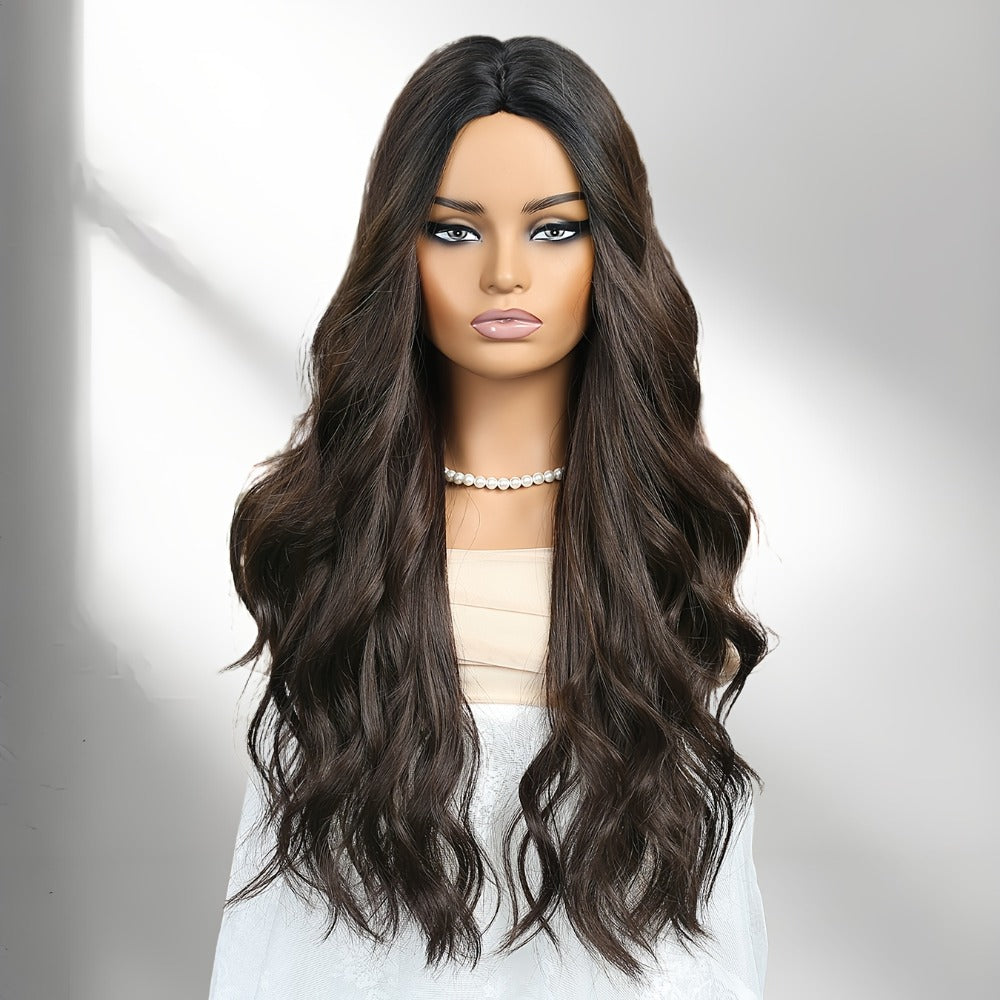 Women's Wig - Long Wavy 22 Inch Glueless Body Wave Synthetic Hair for Men Dark Brown - product detail view 10