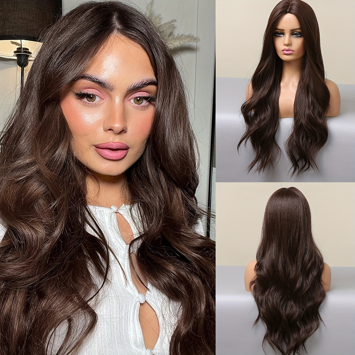Women's Wig - Long Wavy 22 Inch Glueless Body Wave Synthetic Hair for Men Dark Brown - product detail view 13