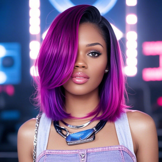 Women's Wig - Pink Purple Gradient Straight with Bangs 12 Inch Fantasy Synthetic - main product view
