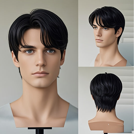 Women's Wig - Short Straight for Men - Natural Black Layered Synthetic Hairpiece, No - main product view