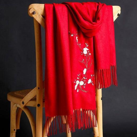 Scarf for Women - Cashmere Embroidered Ethnic Tassel Shawl Warm Neck Warmer Vintage Solid - main product view