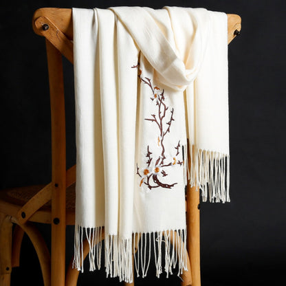 Scarf for Women - Cashmere Embroidered Ethnic Tassel Shawl Warm Neck Warmer Vintage Solid - product detail view 13
