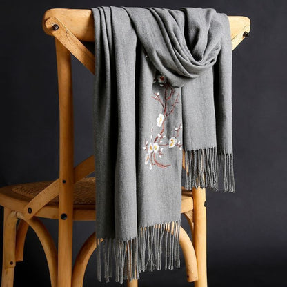 Scarf for Women - Cashmere Embroidered Ethnic Tassel Shawl Warm Neck Warmer Vintage Solid - product detail view 17