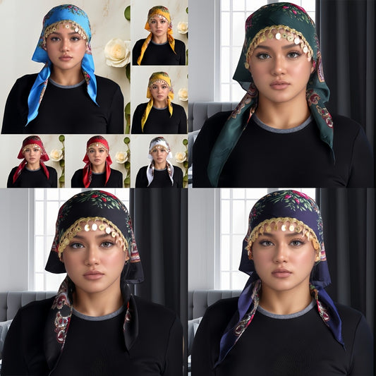 Scarf for Women - Headscarf with Golden Chain - Floral Print Hijab Shawl 100% Polyester - main product view