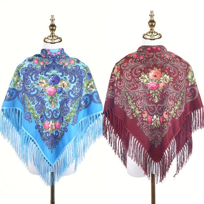 Scarf for Women - Tassel Shawl Set of 2 Vintage Floral Fringe Wrap for Warm Windproof Autumn - product detail view 6