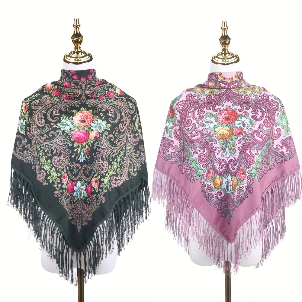 Scarf for Women - Tassel Shawl Set of 2 Vintage Floral Fringe Wrap for Warm Windproof Autumn - product detail view 9