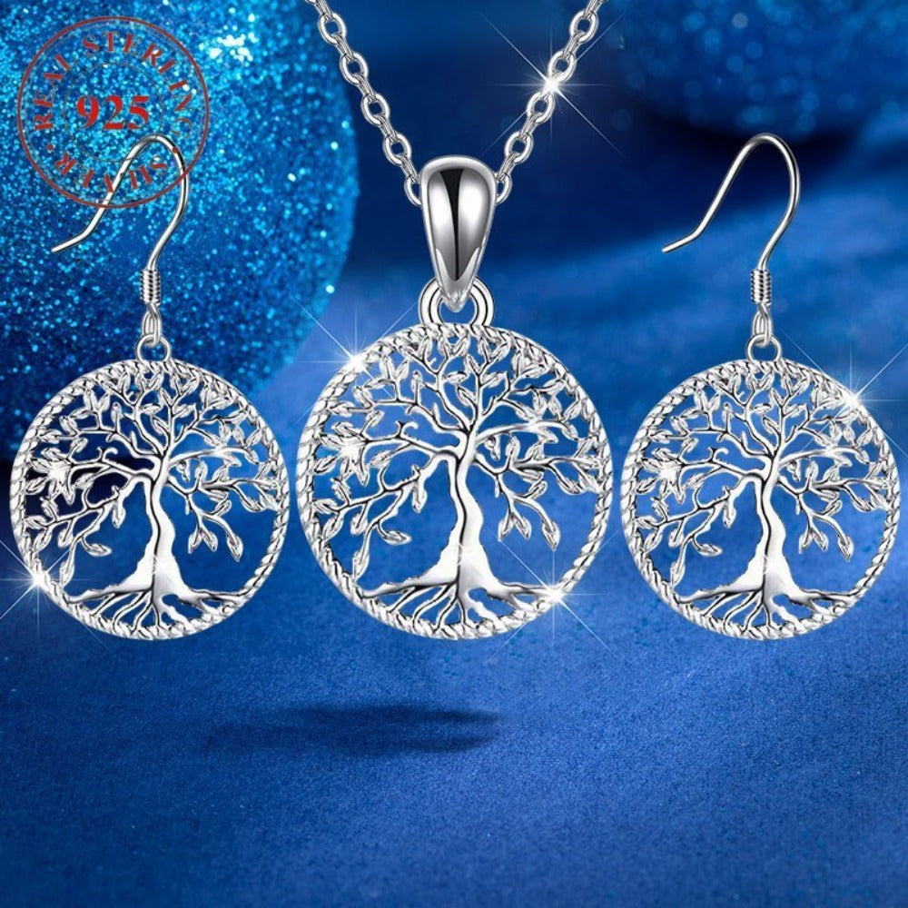 Silver Jewelry Set for Women - 925 Silver Tree of Life, Necklace and Earrings - product detail view 4