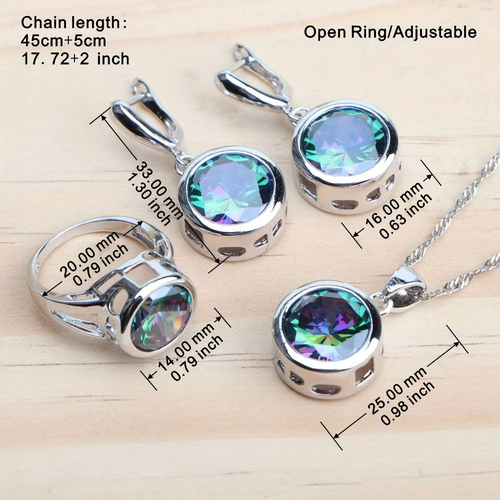Silver Jewelry Set for Women - Silver-Tone Blue CZ, 5 Coordinated Pieces - size chart Chain length: Open Ring/Adjustable
