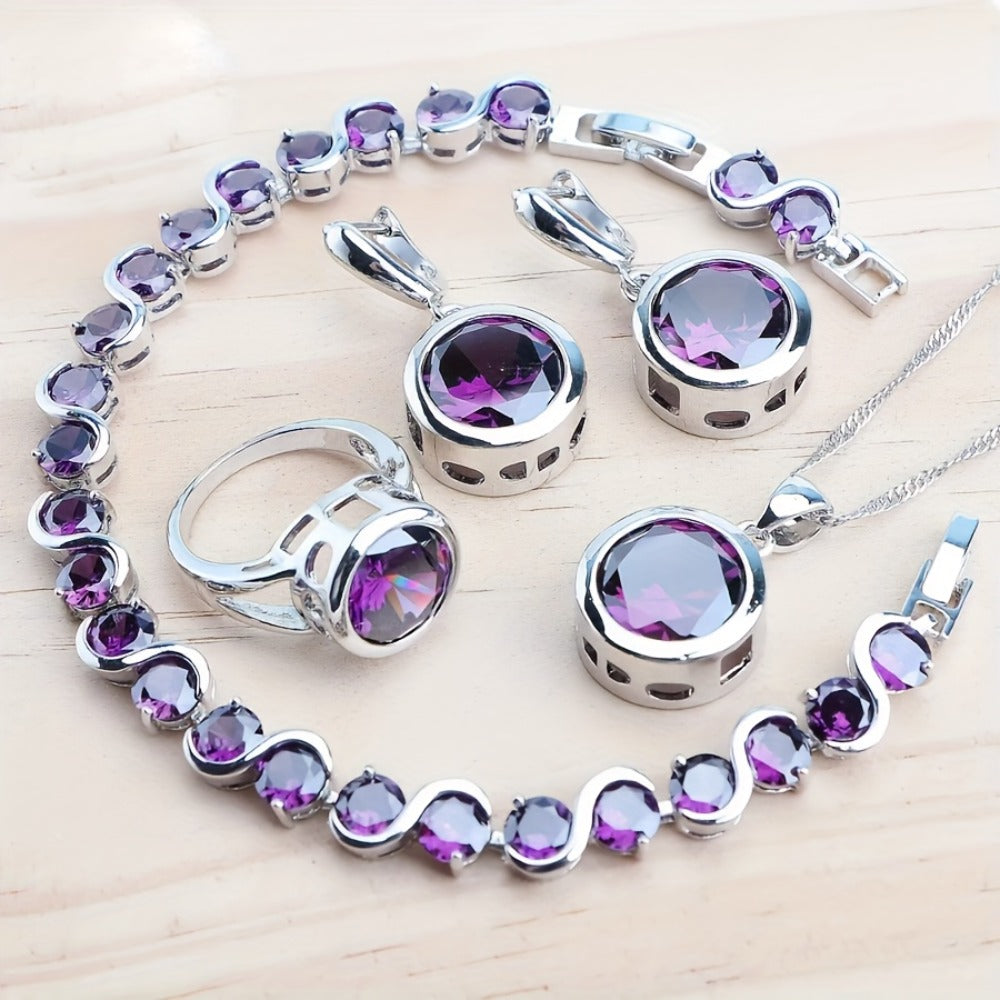 Silver Jewelry Set for Women - Silver-Tone Blue CZ, 5 Coordinated Pieces - product detail view 5