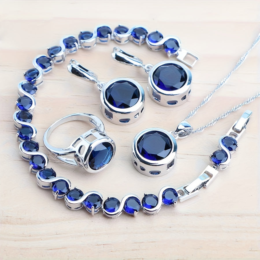 Silver Jewelry Set for Women - Silver-Tone Blue CZ, 5 Coordinated Pieces - product detail view 10
