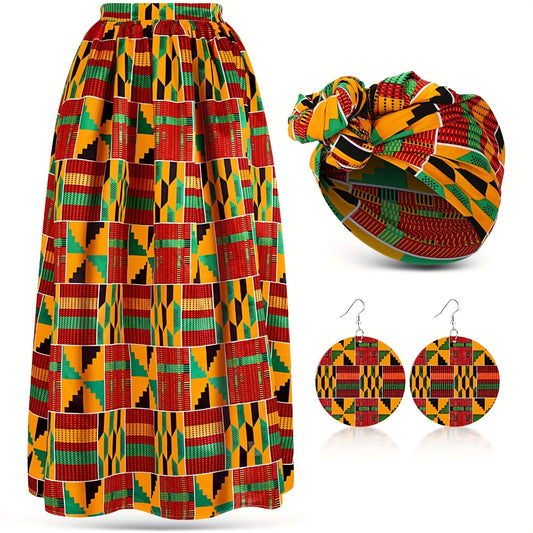 Skirt Sets - African Print Maxi Set 3 Piece Ankara Stretch with Pockets | Matching Head - main product view