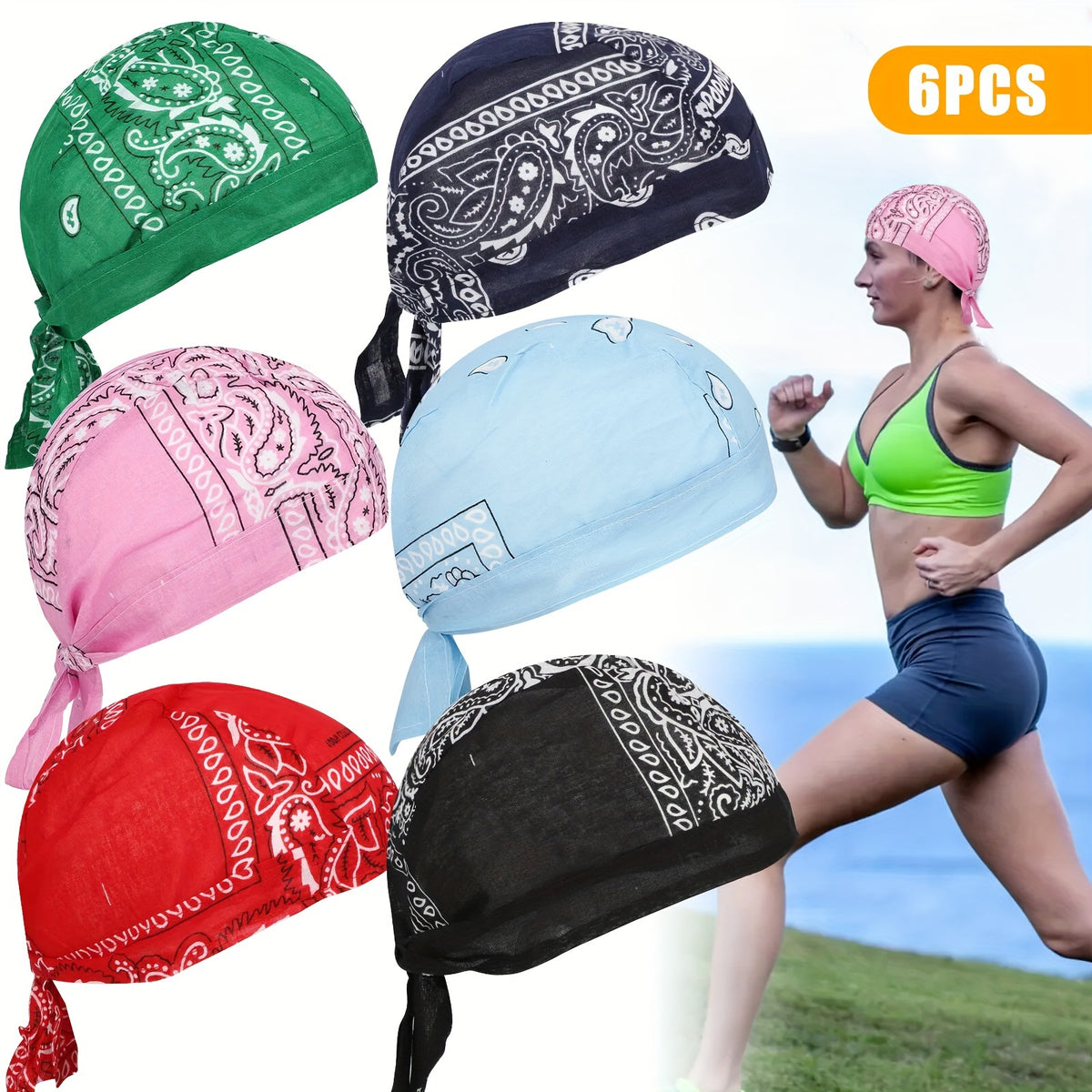 Skull Cap - Do Rag 6pcs Set Paisley Bandana Hat Hip Hop Quick-Dry Stretch Breathable - product detail view 7