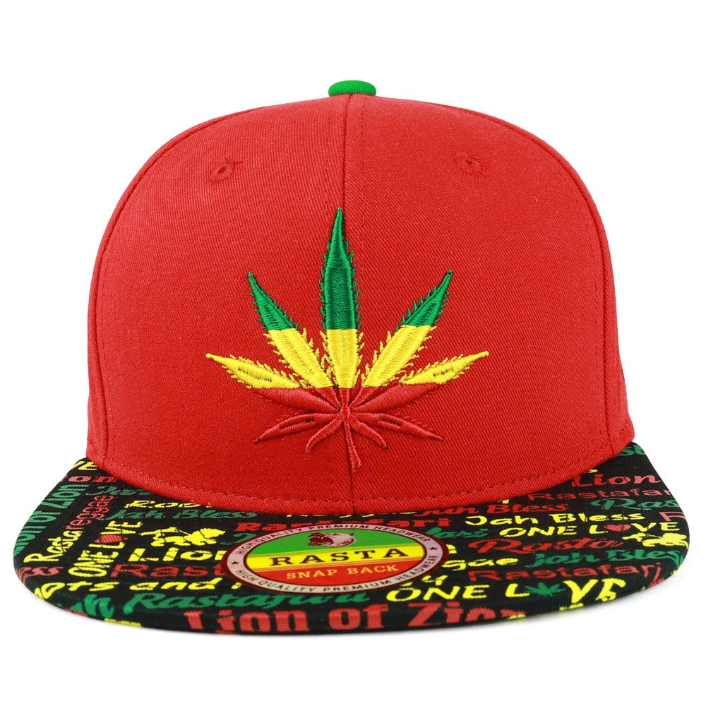 Snapback Cap - Rasta MJ Leaf 3D Embroidered Flat Bill High Profile 6 Panel Structured - product detail view 6