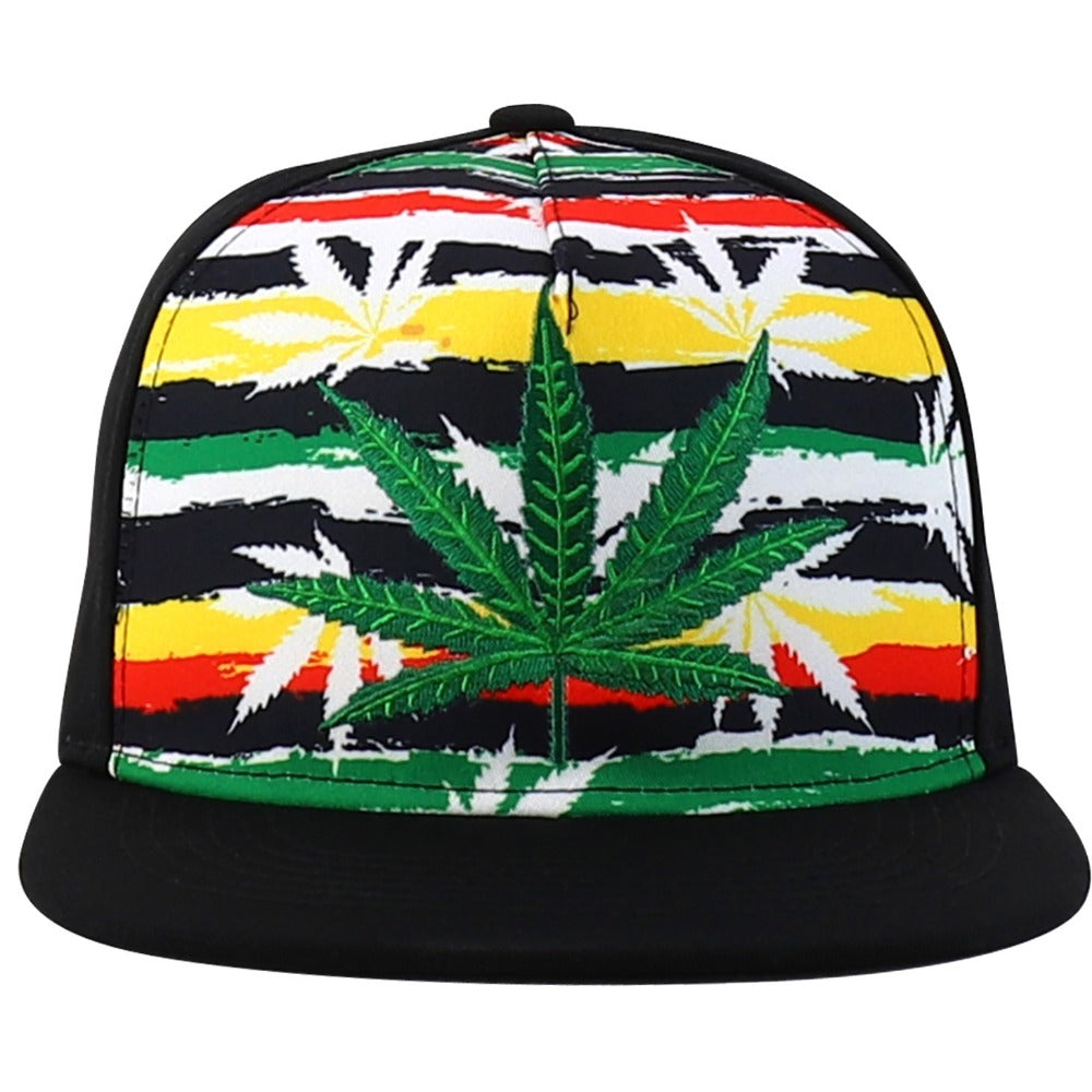 Snapback Cap - Rasta MJ Leaf 3D Embroidered Flat Bill High Profile 6 Panel Structured - product detail view 15