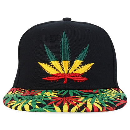 Snapback Cap - Rasta MJ Leaf 3D Embroidered Flat Bill High Profile 6 Panel Structured - product detail view 49