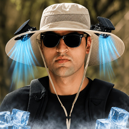 Solar Cooling Hat - Wide Brim Fisherman with Dual Fan Breathable Adjustable Strap Strong - main product view