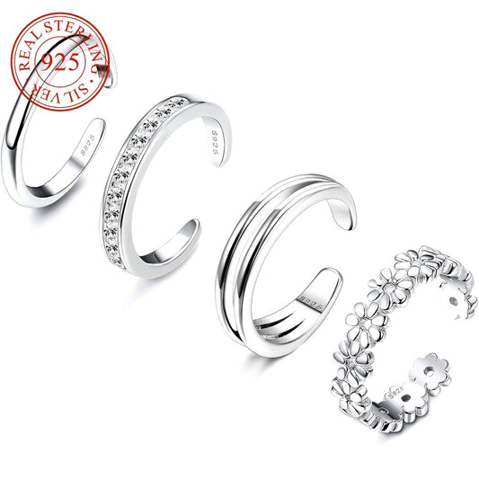 Stackable Rings for Women - 925 Sterling Silver Ring Set 4pcs Adjustable Open Toe Daisy Flower CZ - main product view