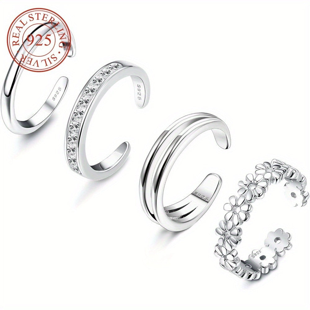 Stackable Rings for Women - 925 Sterling Silver Ring Set 4pcs Adjustable Open Toe Daisy Flower CZ - product detail view 2