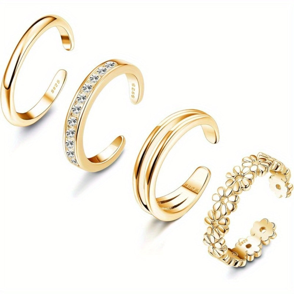 Stackable Rings for Women - 925 Sterling Silver Ring Set 4pcs Adjustable Open Toe Daisy Flower CZ - product detail view 3