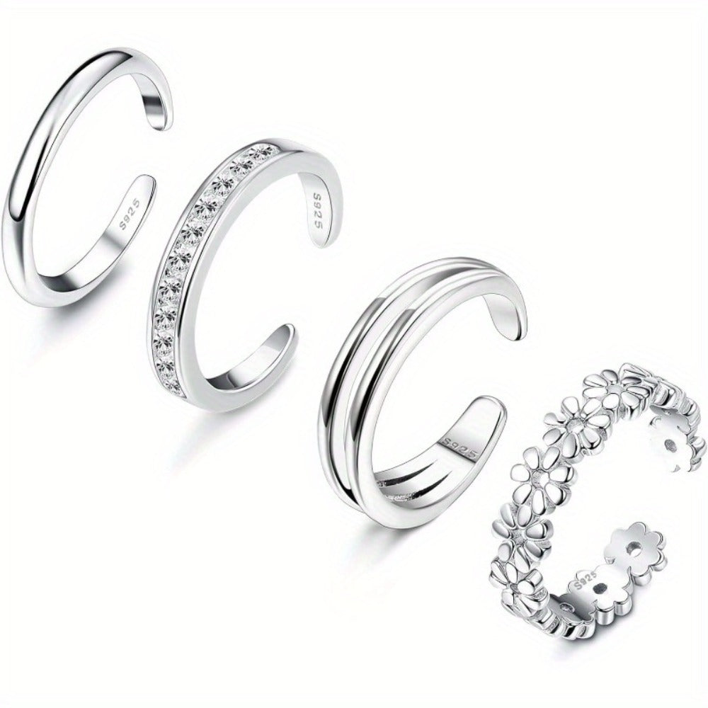 Stackable Rings for Women - 925 Sterling Silver Ring Set 4pcs Adjustable Open Toe Daisy Flower CZ - product detail view 5