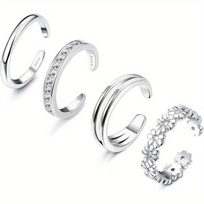 Stackable Rings for Women - 925 Sterling Silver Ring Set 4pcs Adjustable Open Toe Daisy Flower CZ - product detail view 5