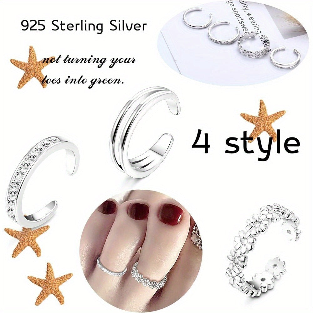 Stackable Rings for Women - 925 Sterling Silver Ring Set 4pcs Adjustable Open Toe Daisy Flower CZ - product detail view 6