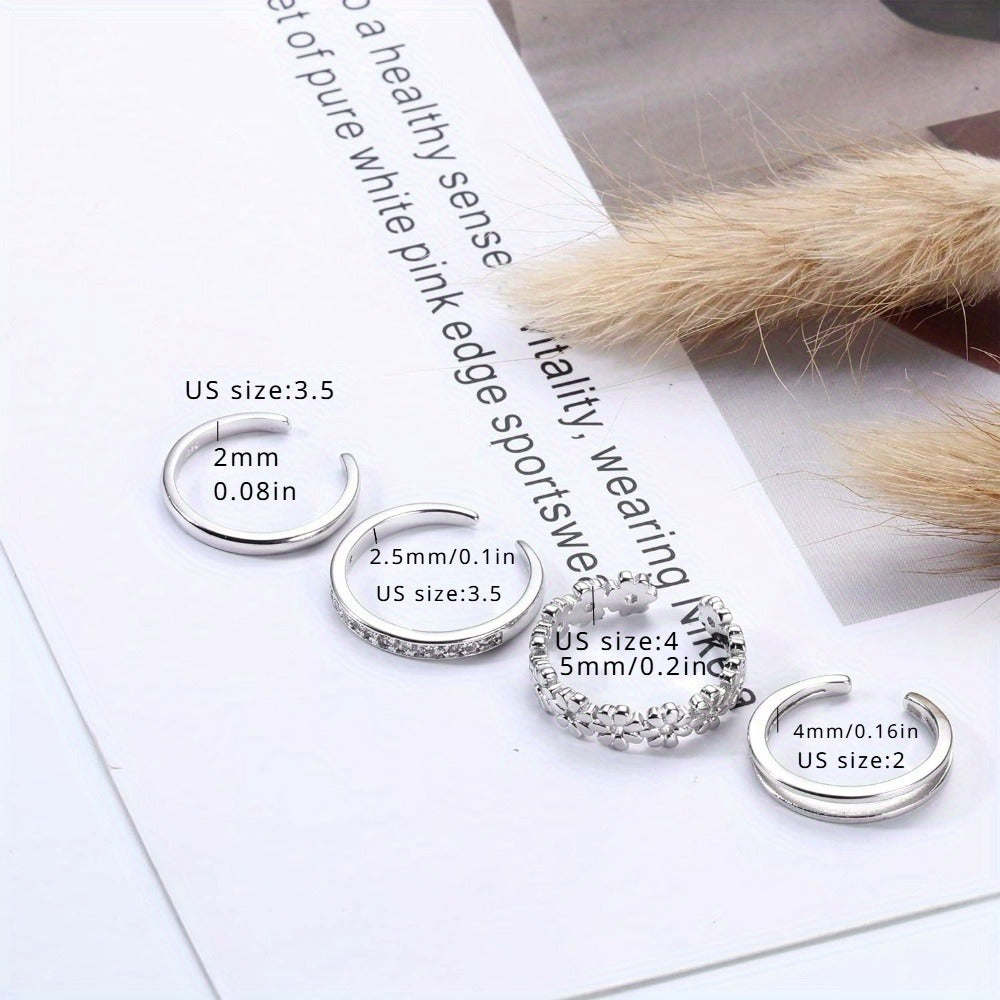 Stackable Rings for Women - 925 Sterling Silver Ring Set 4pcs Adjustable Open Toe Daisy Flower CZ - product detail view 7