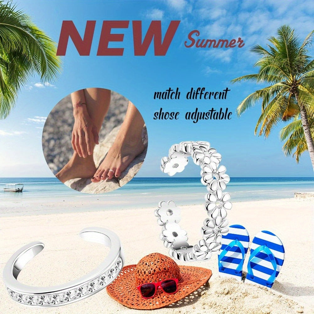 Stackable Rings for Women - 925 Sterling Silver Ring Set 4pcs Adjustable Open Toe Daisy Flower CZ - product detail view 8