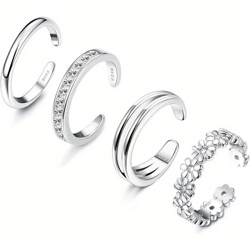 Stackable Rings for Women - 925 Sterling Silver Ring Set 4pcs Adjustable Open Toe Daisy Flower CZ - product detail view 10