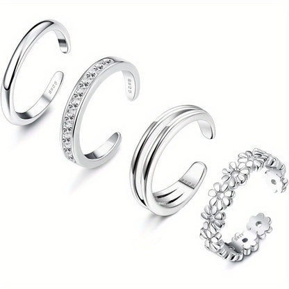 Stackable Rings for Women - 925 Sterling Silver Ring Set 4pcs Adjustable Open Toe Daisy Flower CZ - product detail view 10