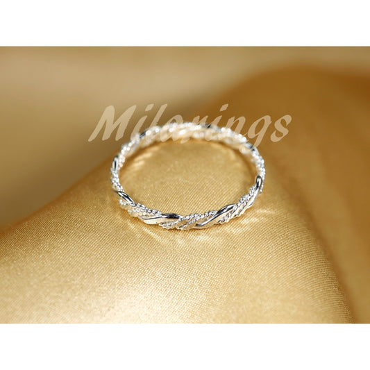 Stackable Rings for Women - 925 Sterling Silver Twist Texture Ring Handmade 2.3mm Minimalist Band Ring - main product view