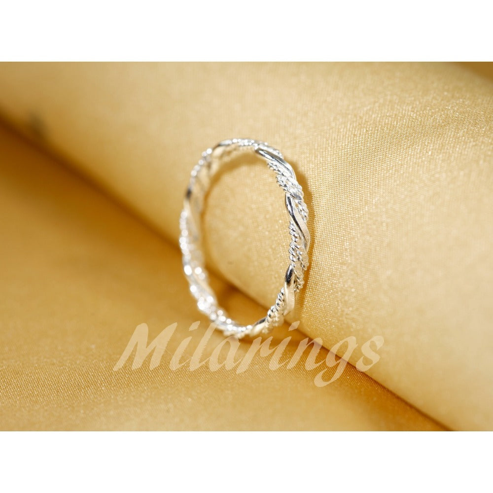 Stackable Rings for Women - 925 Sterling Silver Twist Texture Ring Handmade 2.3mm Minimalist Band Ring - product detail view