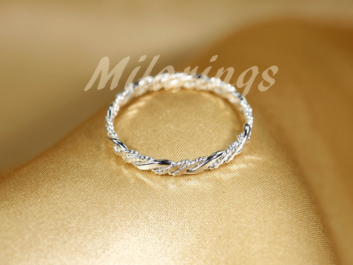 Stackable Rings for Women - 925 Sterling Silver Twist Texture Ring Handmade 2.3mm Minimalist Band Ring - product detail view