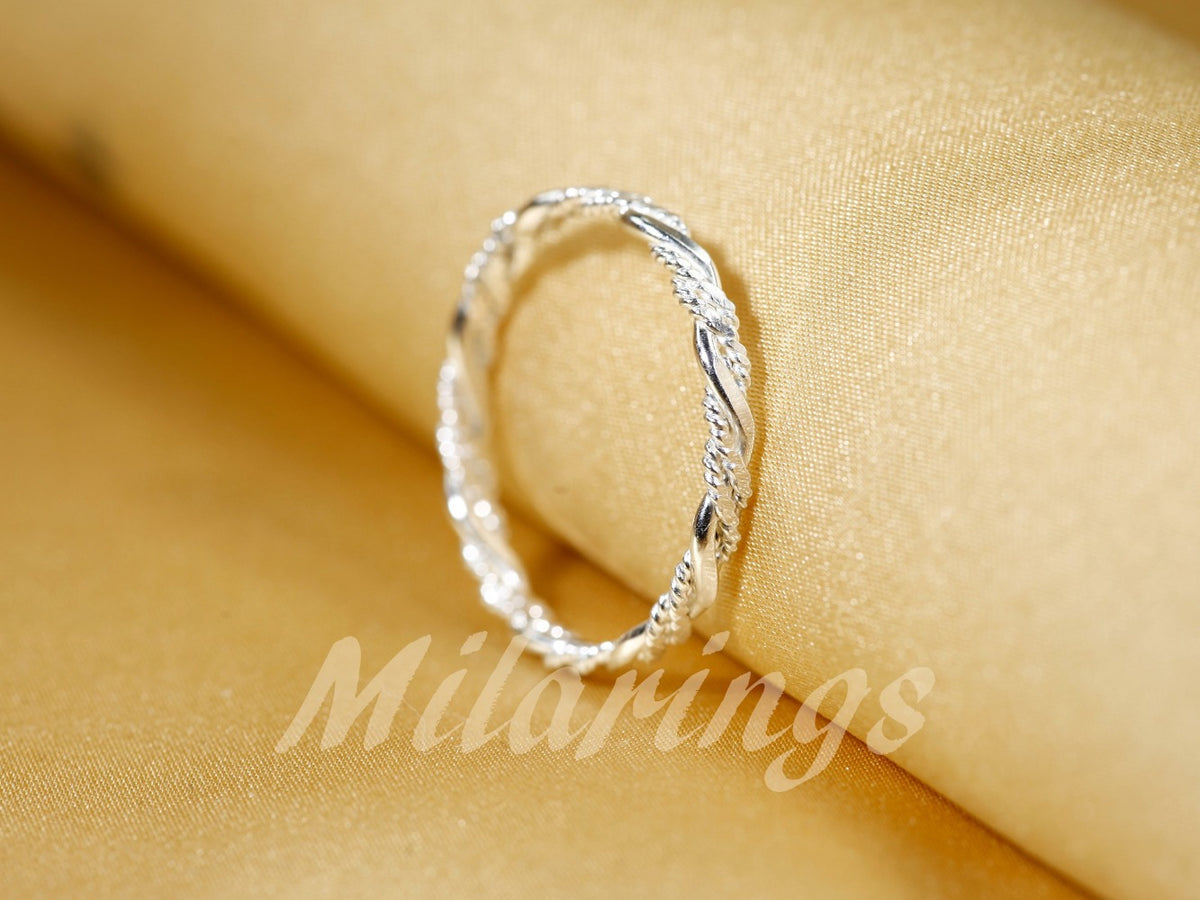 Stackable Rings for Women - 925 Sterling Silver Twist Texture Ring Handmade 2.3mm Minimalist Band Ring - product detail view