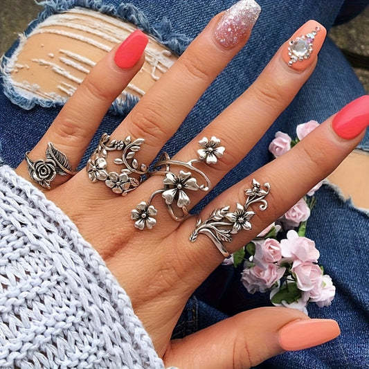 Stackable Rings for Women - 925 Sterling Silver Vintage Floral Set for | 4pcs Boho Stacked Band Ring - main product view