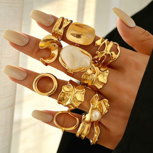 Stackable Rings for Women - Boho Adjustable Ring Set 12pcs - Vintage Geometric Floral Faux Shell Thick - main product view