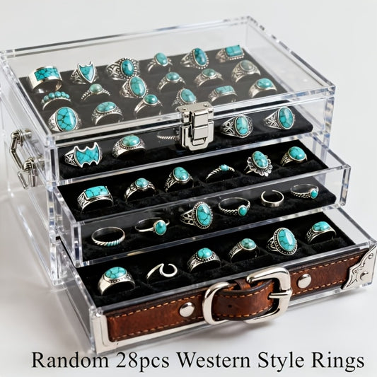 Stackable Rings for Women - Boho Ring Set for 28 Pieces Vintage Turquoise Geometric Heart Butterfly - main product view