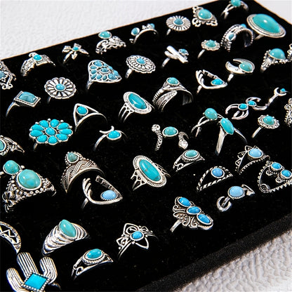 Stackable Rings for Women - Boho Ring Set for 28 Pieces Vintage Turquoise Geometric Heart Butterfly - product detail view 3