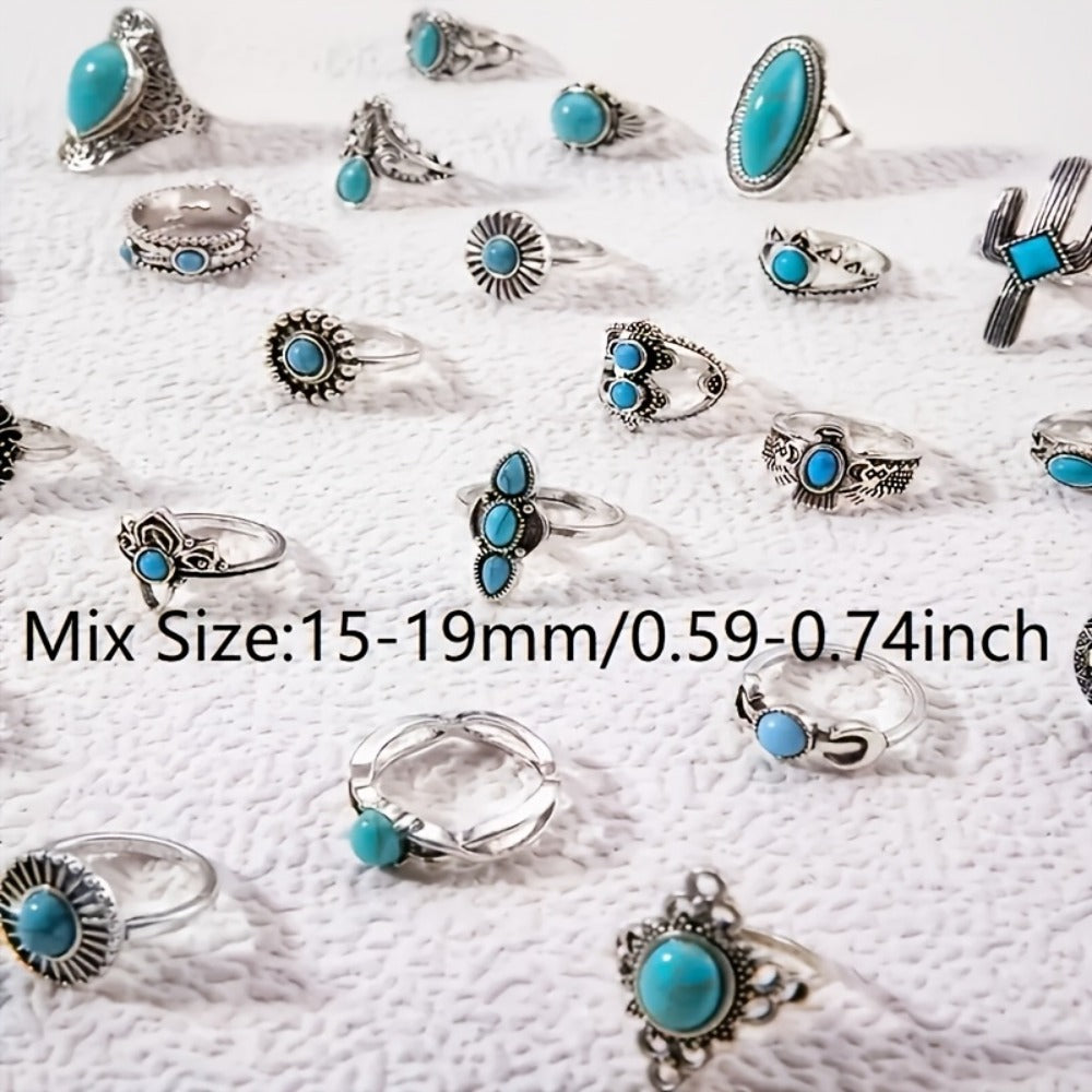 Stackable Rings for Women - Boho Ring Set for 28 Pieces Vintage Turquoise Geometric Heart Butterfly - product detail view 4