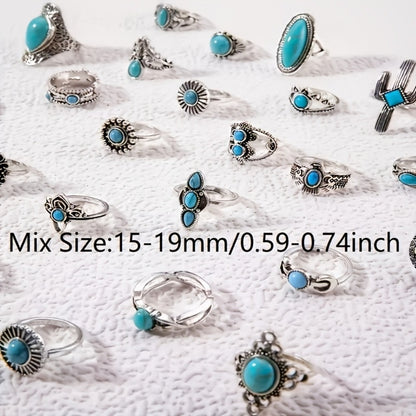 Stackable Rings for Women - Boho Ring Set for 28 Pieces Vintage Turquoise Geometric Heart Butterfly - product detail view 4