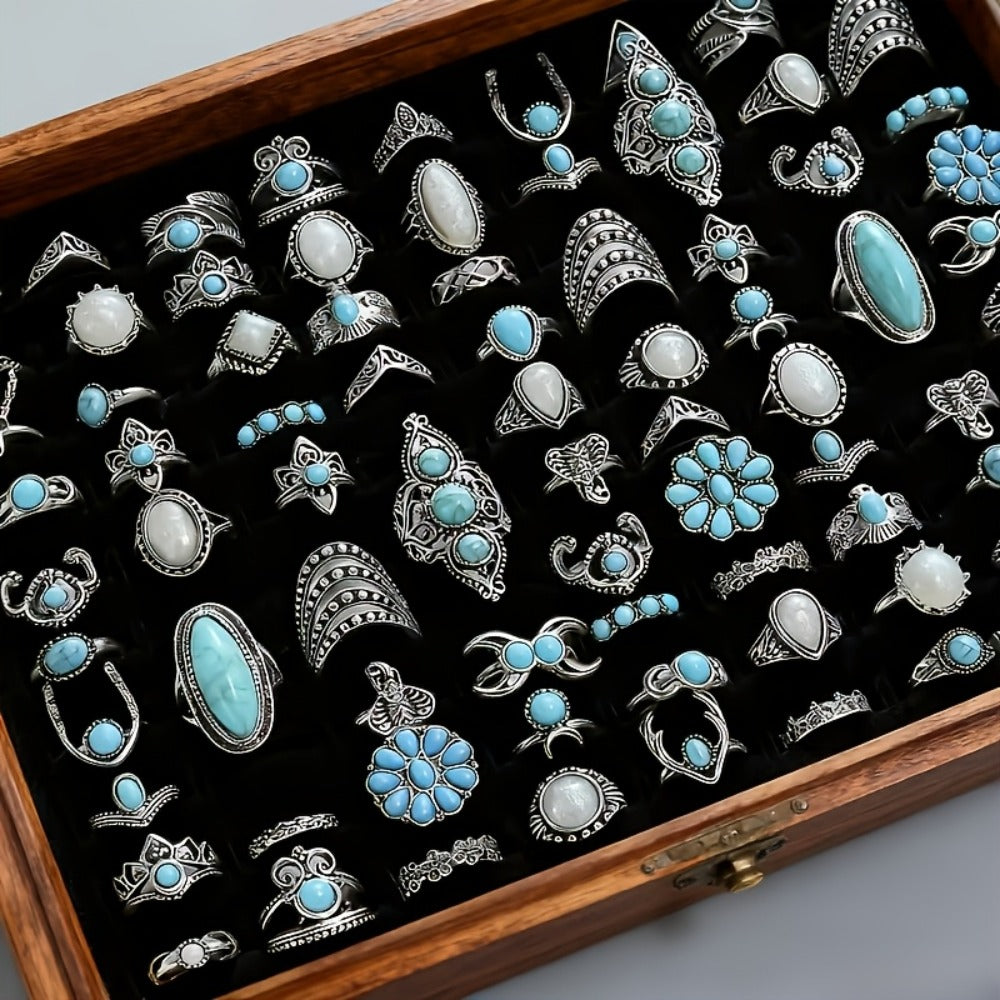 Stackable Rings for Women - Boho Ring Set for 28 Pieces Vintage Turquoise Geometric Heart Butterfly - product detail view 5