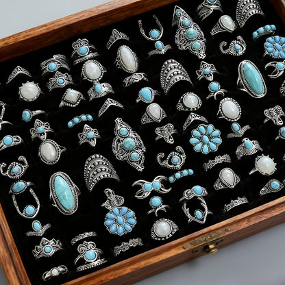 Stackable Rings for Women - Boho Ring Set for 28 Pieces Vintage Turquoise Geometric Heart Butterfly - product detail view 5