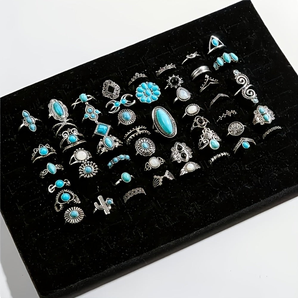 Stackable Rings for Women - Boho Ring Set for 28 Pieces Vintage Turquoise Geometric Heart Butterfly - product detail view 6