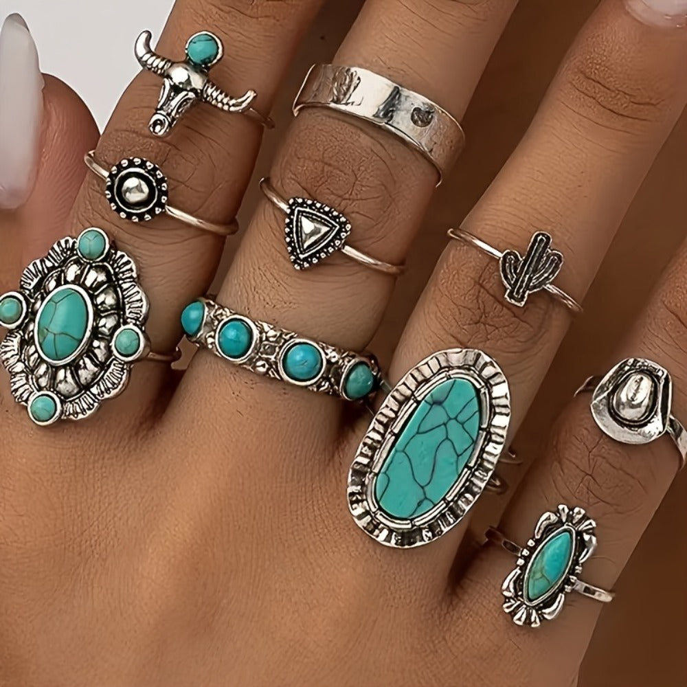 Stackable Rings for Women - Boho Ring Set for 28 Pieces Vintage Turquoise Geometric Heart Butterfly - product detail view 8