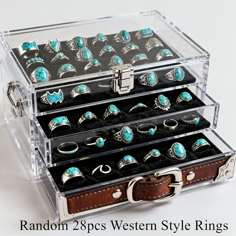 Stackable Rings for Women - Boho Ring Set for 28 Pieces Vintage Turquoise Geometric Heart Butterfly - product detail view 9