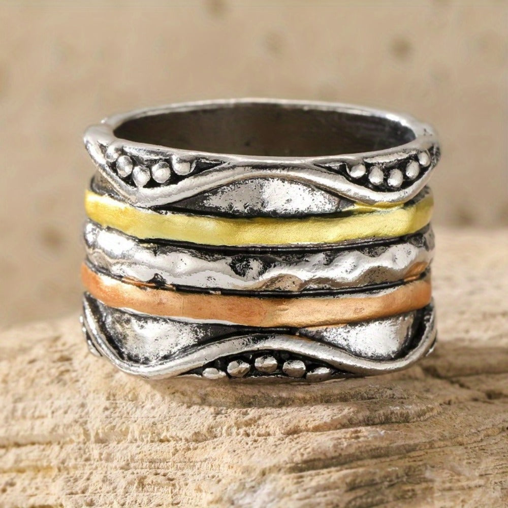 Stackable Rings for Women - Boho Ring for Stainless Steel - Retro Bohemian Multi-Color Layered Texture - product detail view