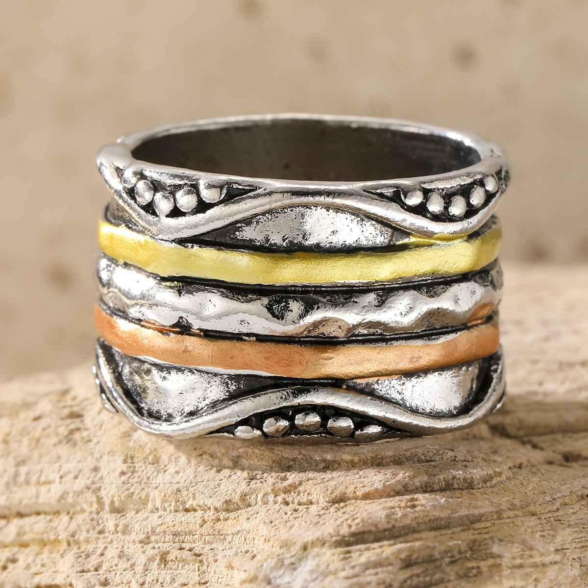 Stackable Rings for Women - Boho Ring for Stainless Steel - Retro Bohemian Multi-Color Layered Texture - product detail view