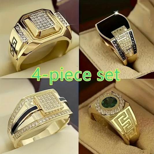 Stackable Rings for Women - Cuban Chain for Men 4pcs Set - Gold Plated Black Onyx Stacking Bands - main product view